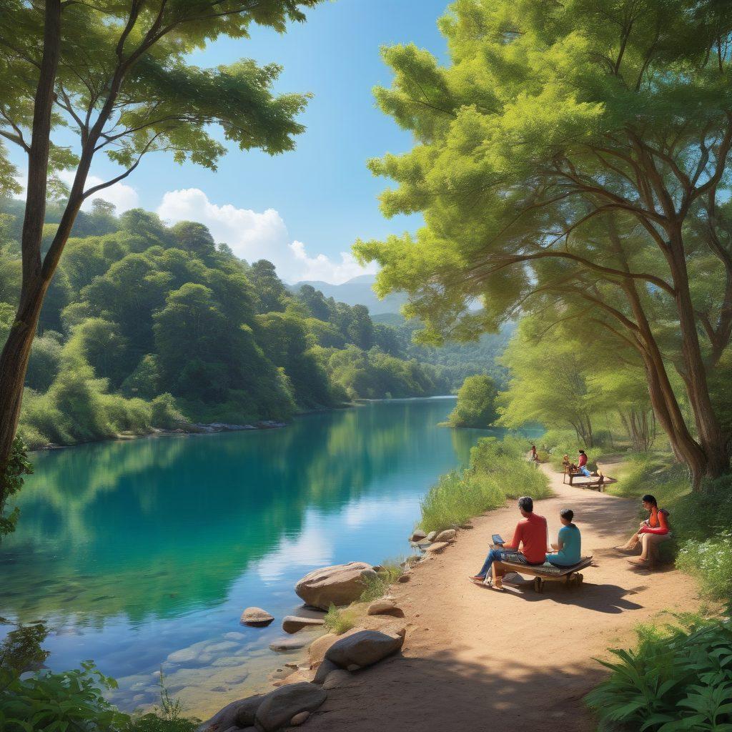 A serene landscape featuring a clear blue lake surrounded by lush green trees and hills, with diverse individuals using solar-powered filtration systems and water purification technologies. Include children playing near the water, adults discussing water accessibility solutions, and wildlife thriving in the clean environment. The overall mood should convey harmony between nature and innovation. vibrant colors. super-realistic.