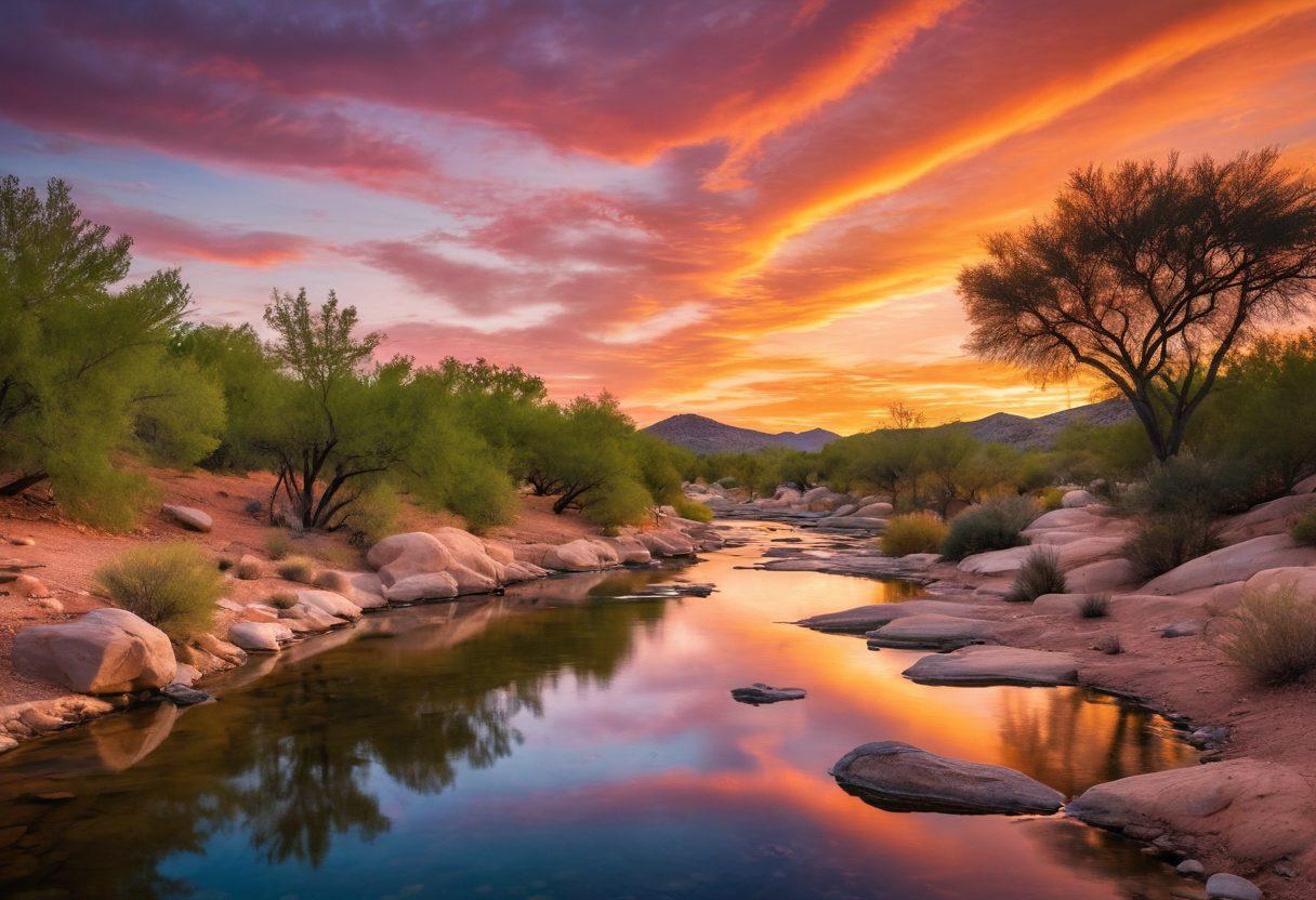 A serene New Mexico landscape featuring a clear blue river winding through desert terrain, juxtaposed with lush greenery symbolizing sustainability. Add visual elements like solar panels and water conservation structures integrated into the landscape, alongside diverse communities engaging in water-related activities. The sky is vibrant with a sunset glow, highlighting the importance of water for future generations. photorealistic. warm tones. dynamic composition.