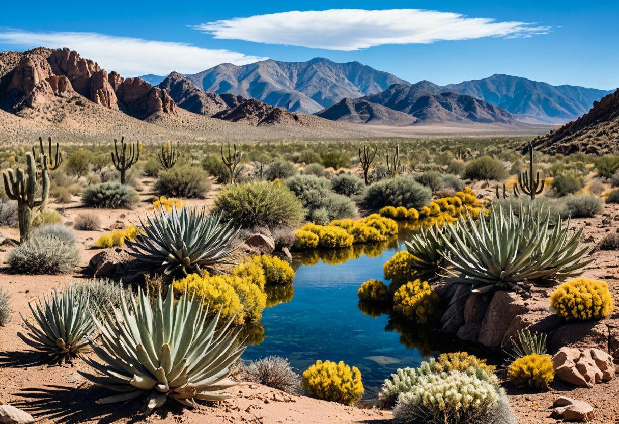 A picturesque landscape of New Mexico showcasing arid desert terrain contrasted with vibrant blue water sources, symbolizing water challenges. Include native flora like cacti and sagebrush, along with a diverse group of people collaborating to implement water conservation strategies. In the background, majestic mountains under a bright sky evoke resilience. The style should be a blend of super-realistic with vibrant colors.